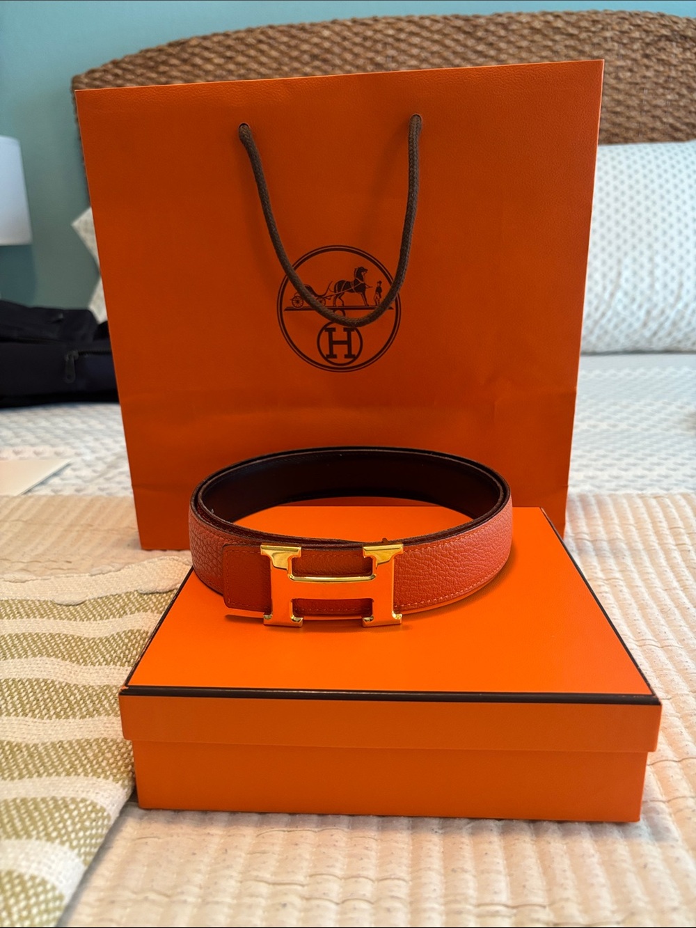 Vintage Orange Reversible Leather Hermes Buckle Belt